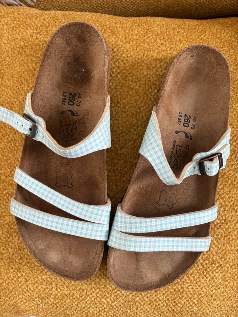 Birkenstock Women’s Light Blue Gingham Triple-Strap Sandals